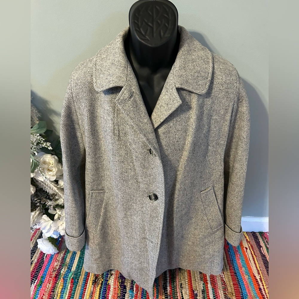 80s Herringbone Peacoat Winter Jacket Wool Coat Ski Vintage Gray Women's Large